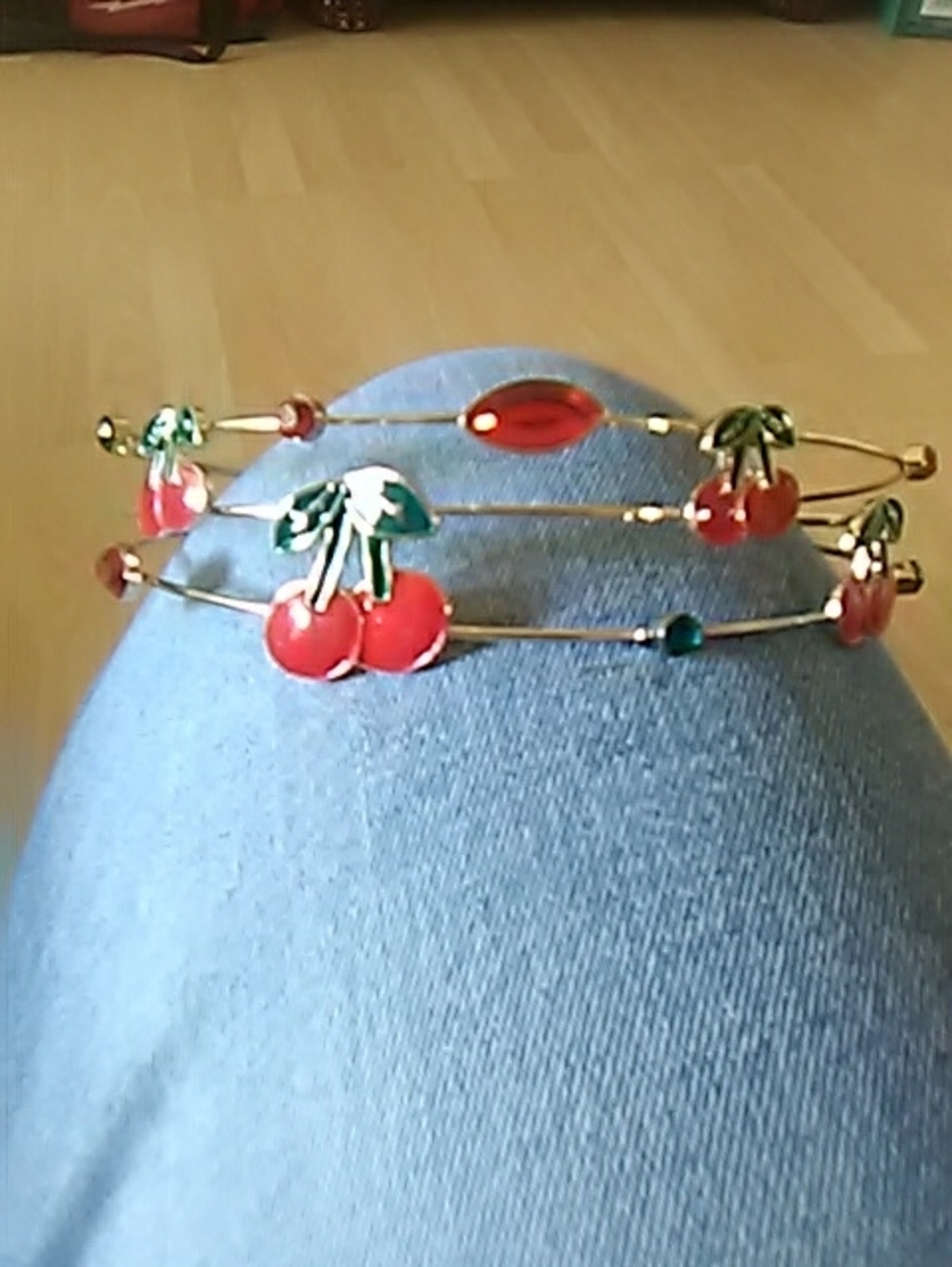 Gold-Tone Cherry Charm Hair Coil - Red and Green